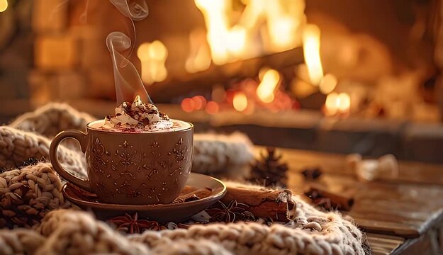 Warm Cup Of Hot Chocolate With Whipped Cream And Sprinkles By A Cozy Fireplace On A Cold Winter Evening