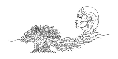 Woman Portrait Nature Tree Sketch Artistic Line Drawing