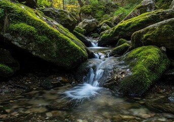 Clear, cold water flows rapidly over moss-covered stones in a peaceful, natural mountain setting, illustrating clean environmental health ,natural ,moss ,mountain