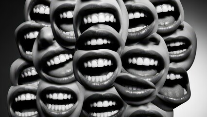 Multiple Mouths with Open Lips and Visible Teeth in Black and White.