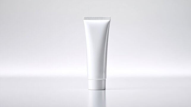 Blank white cosmetic tube on seamless white background in studio product photography