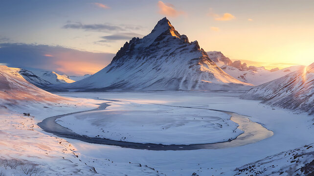 Majestic mountain peak at sunrise over frozen lake