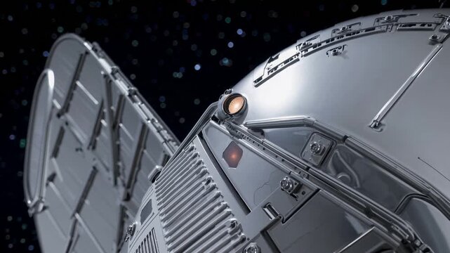 Satellite exterior closeup over starfield showing antenna array and solar panels, remote probe performing maintenance inspection while sensors transmit telemetry and reflective hull glints