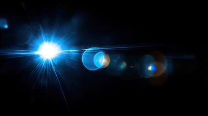 Blue lens flare with bokeh and anamorphic streaks on a black background, cinematic glow and moody blue tones