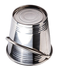 An Orion stainless steel bucket. Made from stainless steel material. Features a carrying and hanging handle.  isolated on a white background