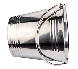 An Orion stainless steel bucket. Made from stainless steel material. Features a carrying and hanging handle.  isolated on a white background