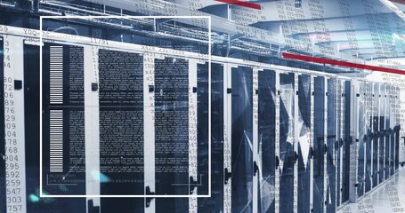 Animation of computer language, connected dots, red lines moving over data server racks - Powered by Adobe