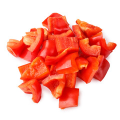 Pile of freshly chopped red bell pepper pieces isolated on a white background