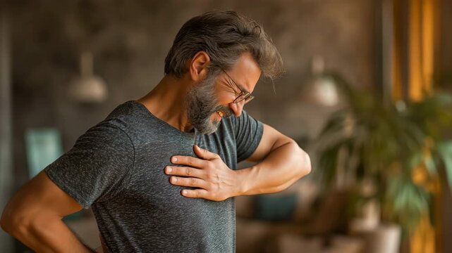 A man experiencing sciatica, back, muscular, and neck discomfort at home