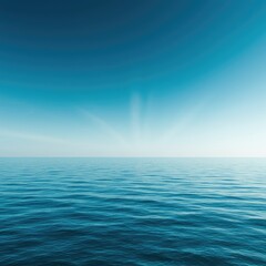 Ethereal oceanic vista showcasing incredibly clear deep blue water blending seamlessly with the vast horizon under subtle heavenly light rays ,landscape ,horizon ,soothing