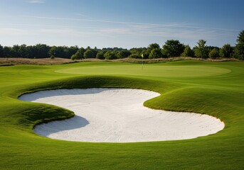Expansive view of a challenging golf course hazard. The pristine white sand bunker cuts into the lush, manicured green fairway ,pristine ,sport ,wide