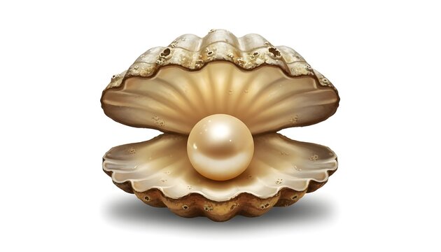 Realistic illustration of an opened giant oyster shell holding a large, glowing natural pearl, isolated on a white background.