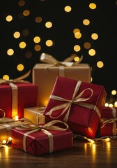 Festive holiday atmosphere with brightly colored wrapped presents under twinkling warm lights, ready for a cozy seasonal celebration ,joy ,colorful ,December