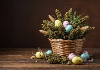 Festive spring basket arrangement featuring dried cannabis flowers, pastel eggs, and celebratory holiday accessories on a wooden table ,still life ,basket ,alternative