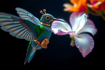 Intricate mechanical hummingbird hovering near a delicate flower