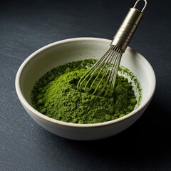 Finely ground bright green tea powder rests in a ceramic bowl ready for whisking into a warm, healthy beverage ,cooking ,smooth ,texture