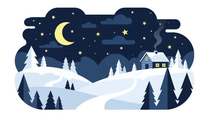 Naklejka premium A serene winter night scene with a house nestled among snow-covered trees under a starry sky with a crescent moon shining brightly