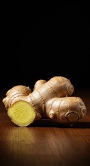 Freshly harvested ginger root on a simple wooden surface, showing its rough skin, fibrous texture, and potent culinary value ,raw ,organic ,vegan
