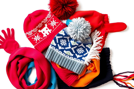 Vibrant winter accessories collection with hats and scarves