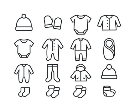 Baby Clothing Icons. Baby. Line icon set of Baby: baby hat, mittens, booties, onesie, romper, soft cardigan, footed pajamas, baby tights, baby jacket, newborn