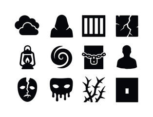 Dark Icon Set. dark, oppressive atmosphere. Solid icon set of dark, oppressive atmosphere: heavy clouds, looming shadow, barred window, cracked wall, dim