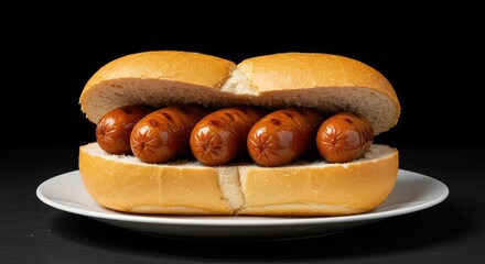 Hearty breakfast comfort food featuring three grilled sausages nestled inside a fresh, sliced white bread roll, ready to be eaten as a satisfying snack ,comfort food ,sandwich ,quick