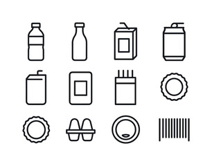 Beverage Packaging Icons. Beverage packaging. Line icon set of Beverage packaging: plastic bottle, glass bottle, juice box, can with tab, drink pouch, beverage
