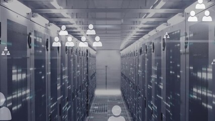 Animation of multiple profile icons floating and mosaic squares against computer server room - Powered by Adobe