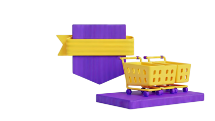 Yellow shopping carts on a purple platform with a purple and yellow banner