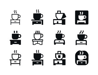 Tea Icons Collection. A warm cup of tea or milk by the bedside. Icon set. Set Logo of a warm cup of tea or milk by the bedside: steaming mug silhouette.