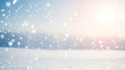 Snowfall Background with Blurred Horizon and Sunlight snowflakes winter