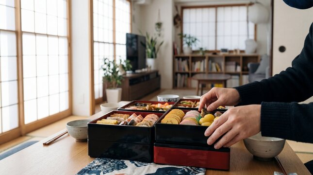Hands Arranging Traditional Japanese Bento Box with Assorted Food Layout