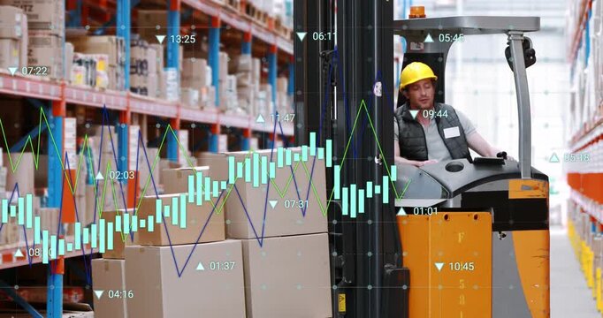 Animation of statistical data processing over caucasian male worker operating forklift at warehouse