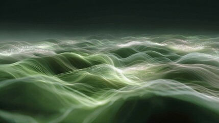 Abstract green waves with glowing highlights in a dark setting