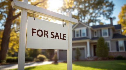Obraz premium For sale sign in foreground with sunlit suburban house in autumn.