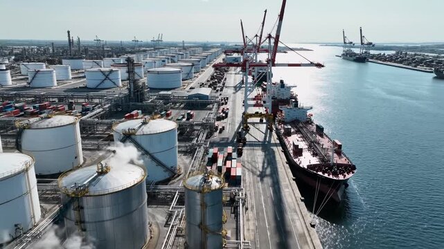 Industrial oil storage tanks and ship