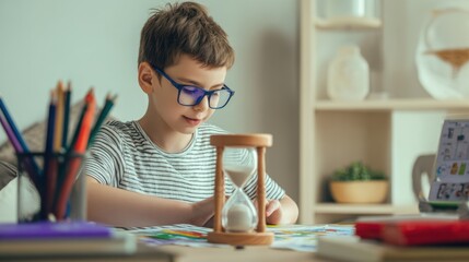 Young caucasian boy engaged in creative art activity at home desk