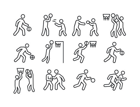 Basketball Icon Set. Basketball actions. Line icon set of Basketball actions: dribbling, shooting, passing, blocking, stealing, dunking, layup, jump shot,