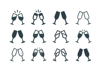 Holiday Invitation Icons. Holiday-themed invitation designs. Icon set. Set Logo of holiday-themed invitation designs: champagne toast glasses. harmonious logo