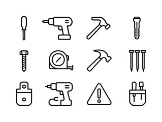 Bathroom Mirror Icons. adding a new mirror in the bathroom. Line icon set of adding a new mirror in the bathroom: screw driver, drill driver, hex wrench, wall
