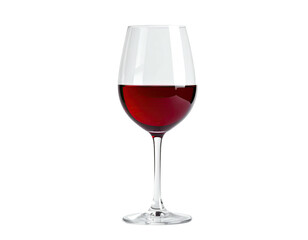A clear stemmed wine glass filled with rich ruby red liquid, against a stark black background