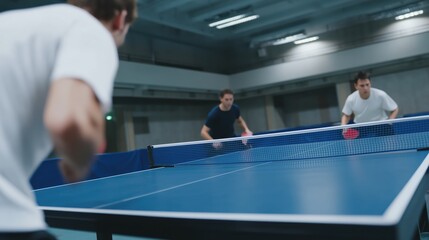 Young men playing a recreational table tennis doubles match, showing intense focus and dynamic movement as they compete in a modern sports club setting