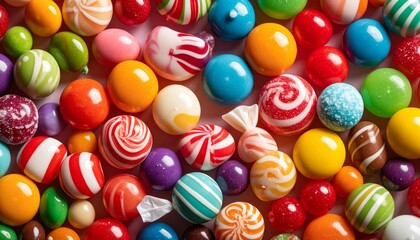 Fototapeta premium A bright and fun closeup of colorful round chocolate candy balls and confectionery sweets mixed with Easter eggs in a basket isolated on white
