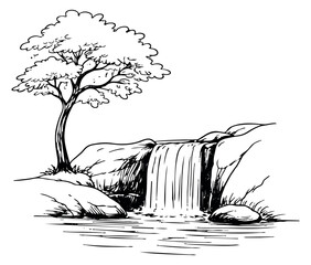 Hand drawn line art illustration of a waterfall scene depicting a flowing cascade for nature and outdoor themes