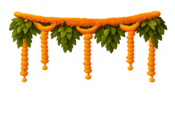 Traditional indian toran with marigold garlands and mango leaves, celebrating diwali and hindu festivals, on transparent background