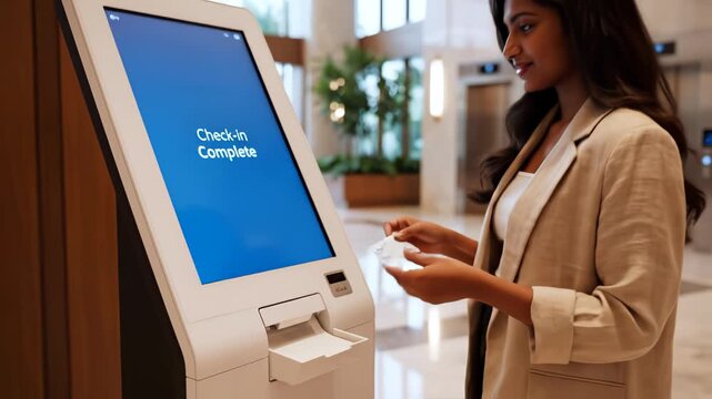 Woman using selfservice kiosk in hotel lobby