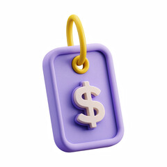 Obraz premium 3D cute cartoon price tag icon with dollar sign, purple hanging label with yellow ring isolated on transparent background.