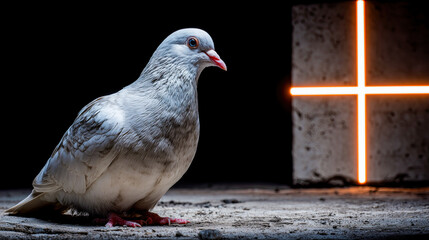 Fototapeta premium Pigeon perched in a dimly lit space with glowing geometric shapes creating an artistic ambience