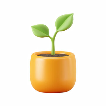 3D cute cartoon potted plant seedling in orange flowerpot isolated on transparent background.