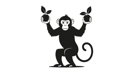 A playful monkey balances two round fruits on its paws creating a whimsical and charming silhouette © rabbivay
